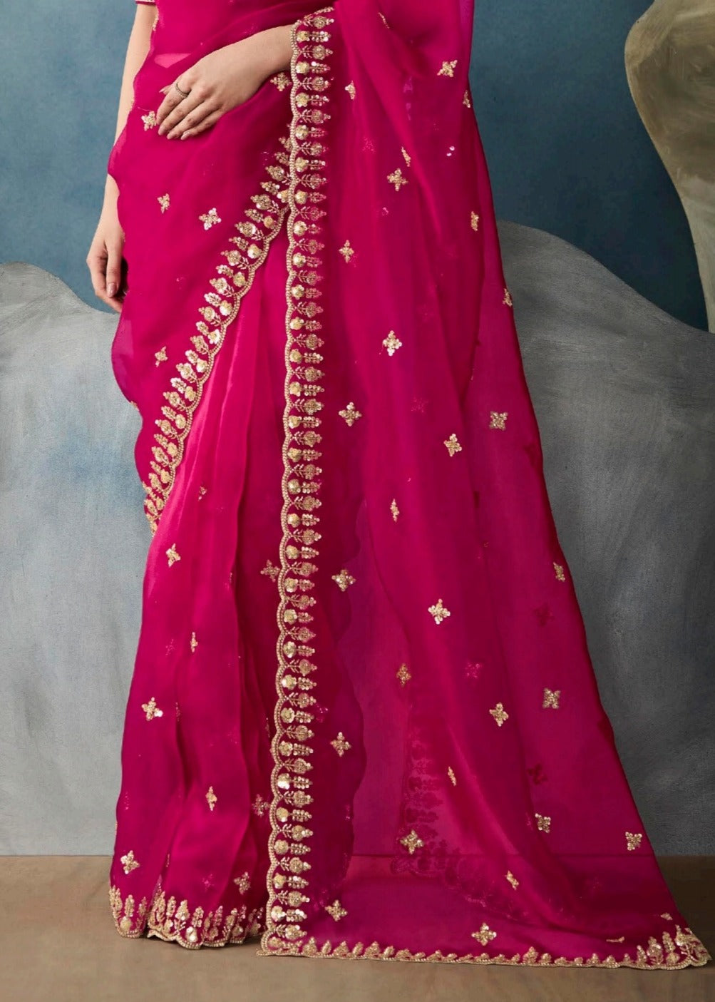 Hot Pink Designer Tissue Saree With Sequins & Bead Work Embroidery