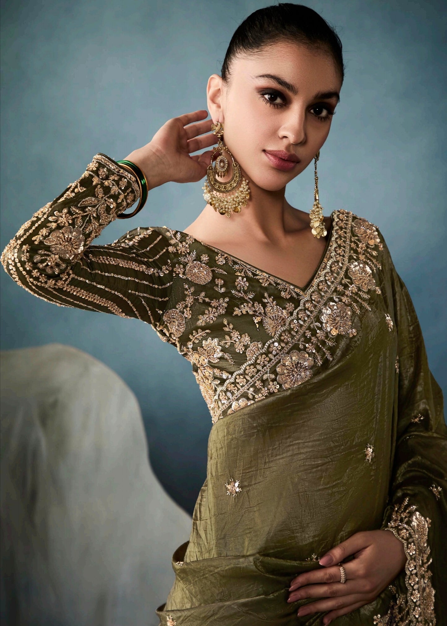 Mehendi Green Designer Tissue Saree With Sequins & Bead Work Embroidery