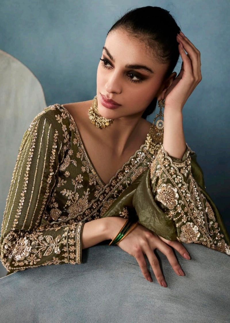 Mehendi Green Designer Tissue Saree With Sequins & Bead Work Embroidery
