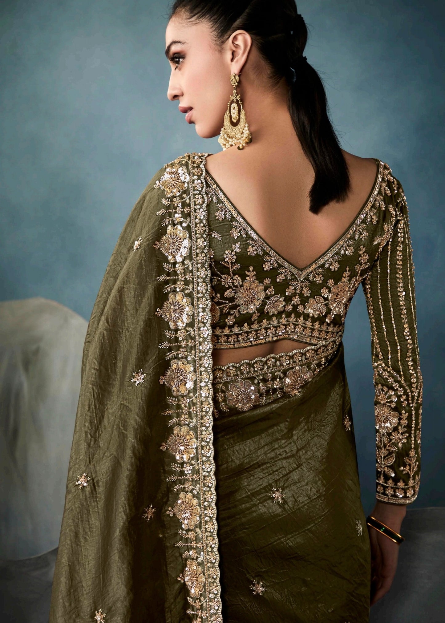 Mehendi Green Designer Tissue Saree With Sequins & Bead Work Embroidery