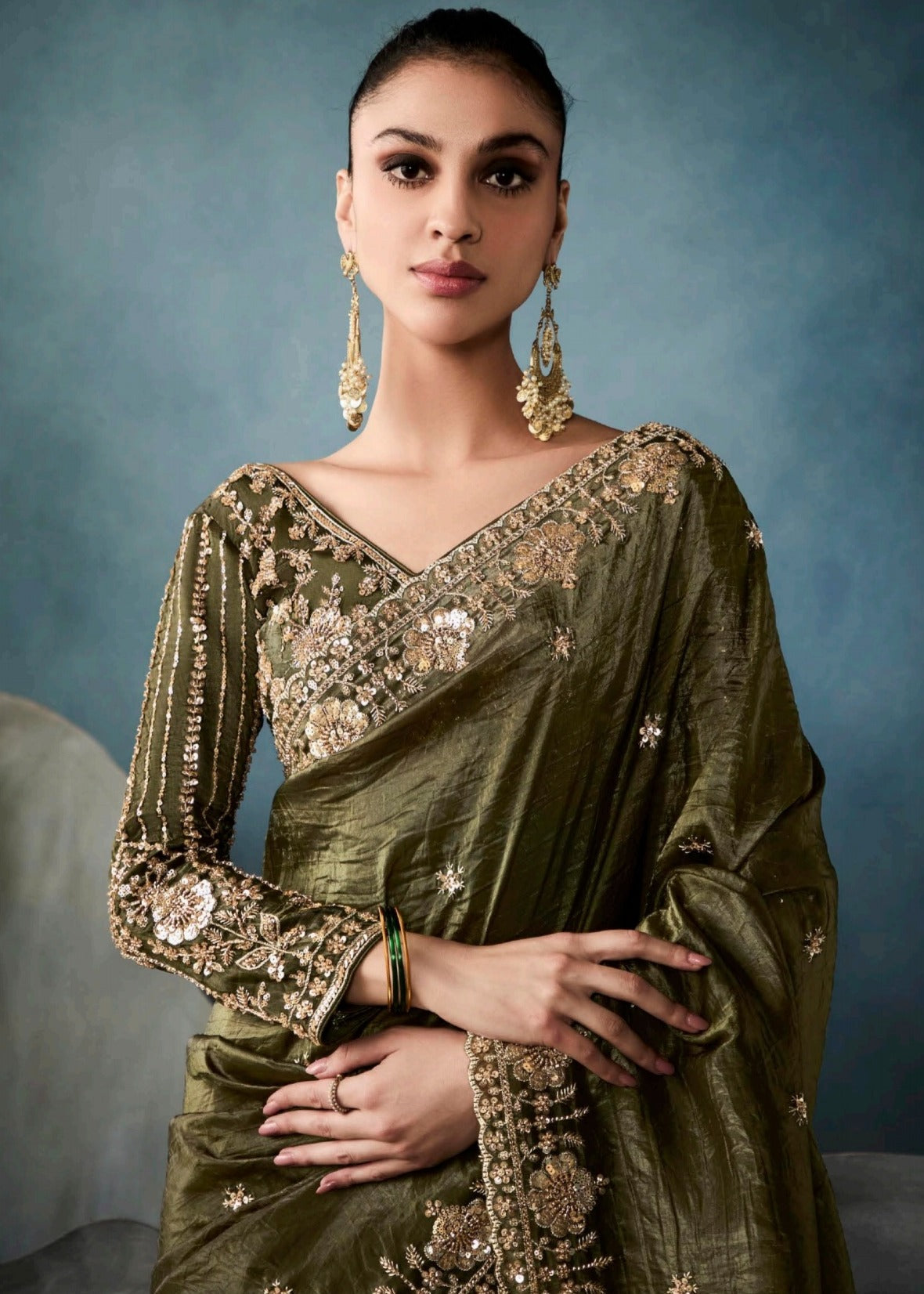 Mehendi Green Designer Tissue Saree With Sequins & Bead Work Embroidery