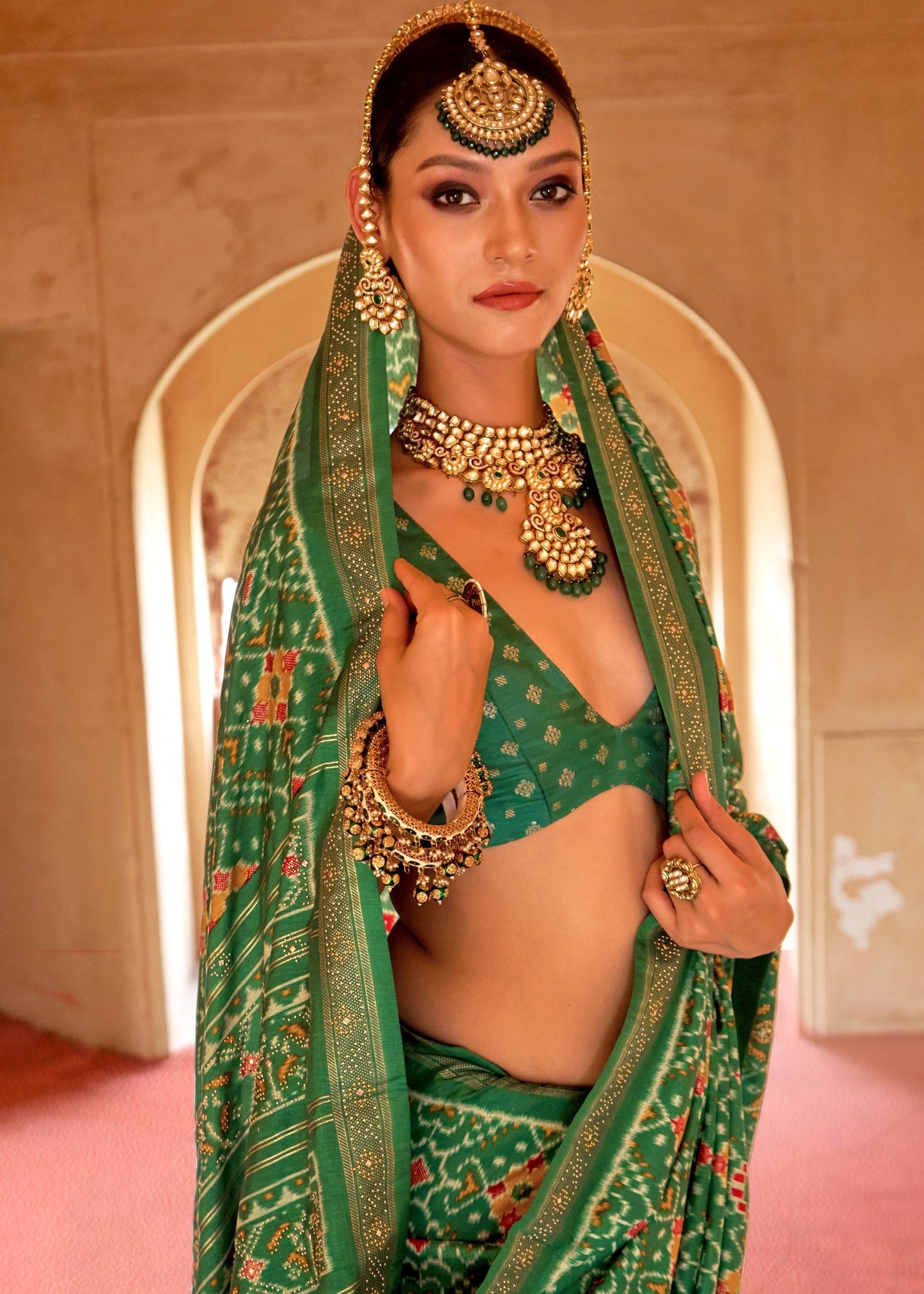 Traditional Design Emerald Green Patola Silk Saree