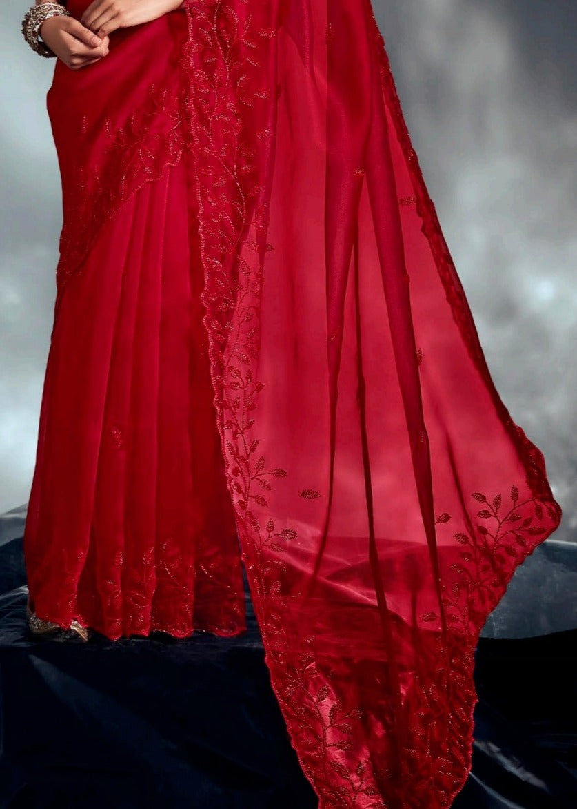 Red Organza Tissue Silk Bead Work Hand Embroidered Bridal Saree