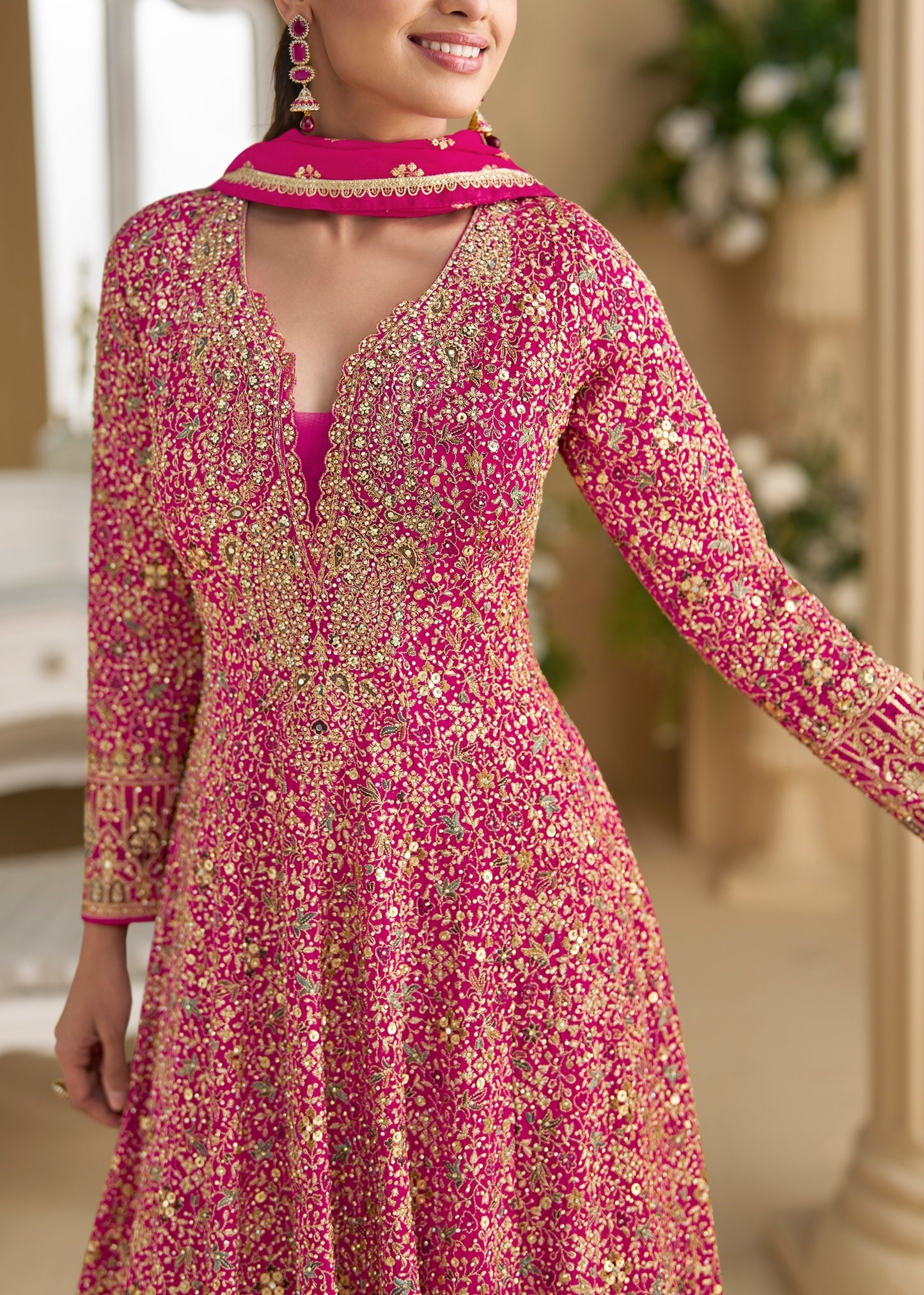 Ruby Pinkish Red Readymade Anarkali Georgette Gown Suit Set