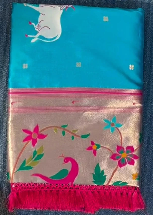 Turquoise Blue Paithani Silk Handloom Saree