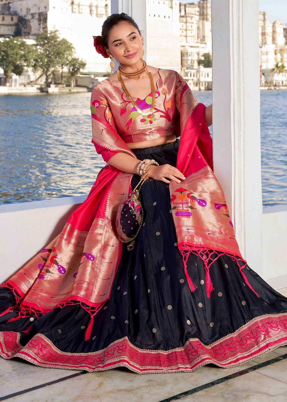 Zari Weaving Black Paithani Silk Lehenga Choli