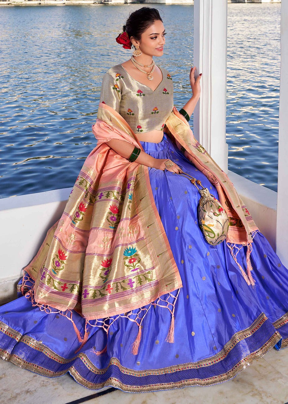 Zari Weaving Light Blue Paithani Silk Lehenga Choli