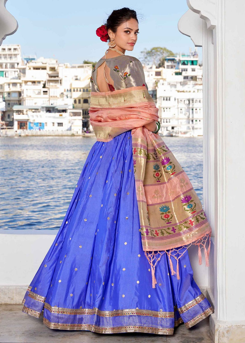 Zari Weaving Light Blue Paithani Silk Lehenga Choli