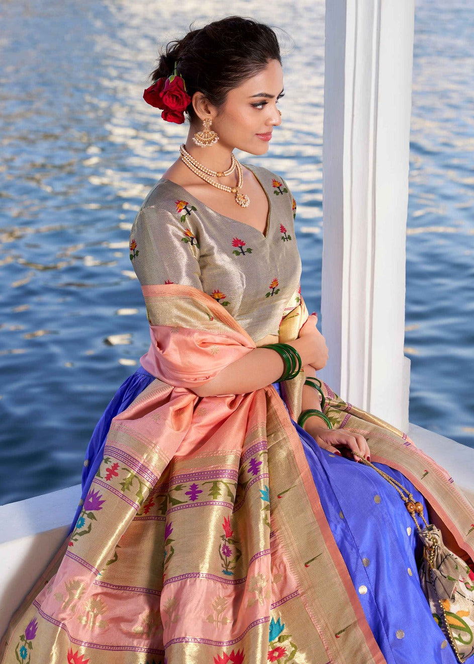 Zari Weaving Light Blue Paithani Silk Lehenga Choli