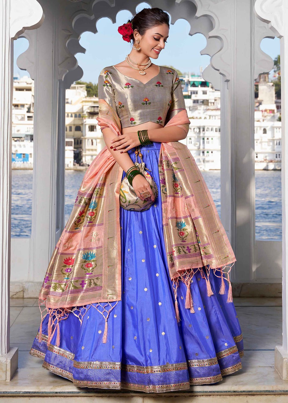 Zari Weaving Light Blue Paithani Silk Lehenga Choli