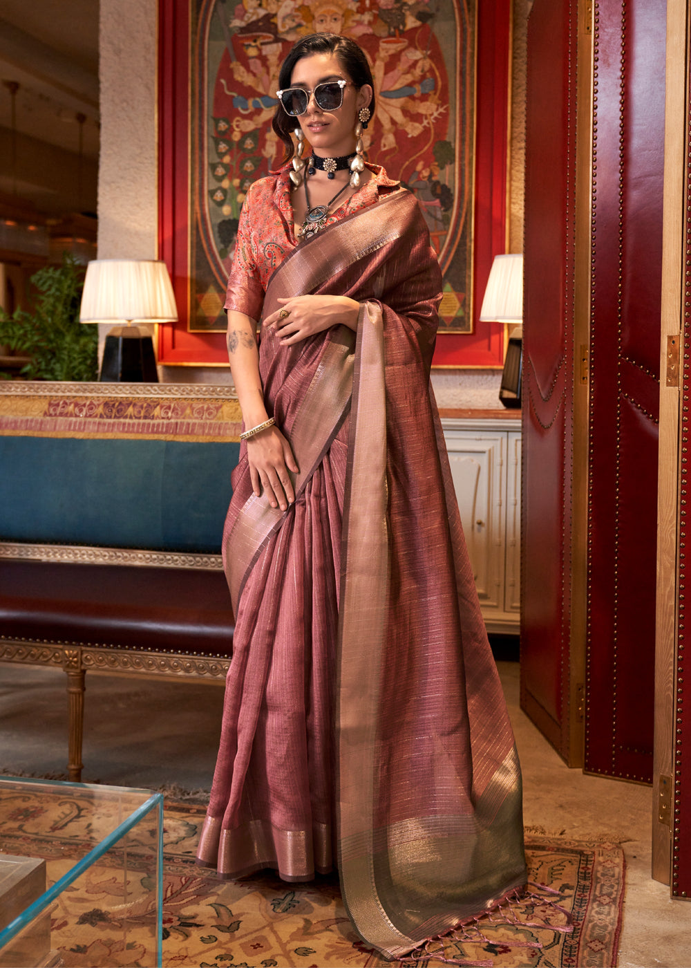 Banarasi Chiffon Brown Handloom Saree With Printed Blouse