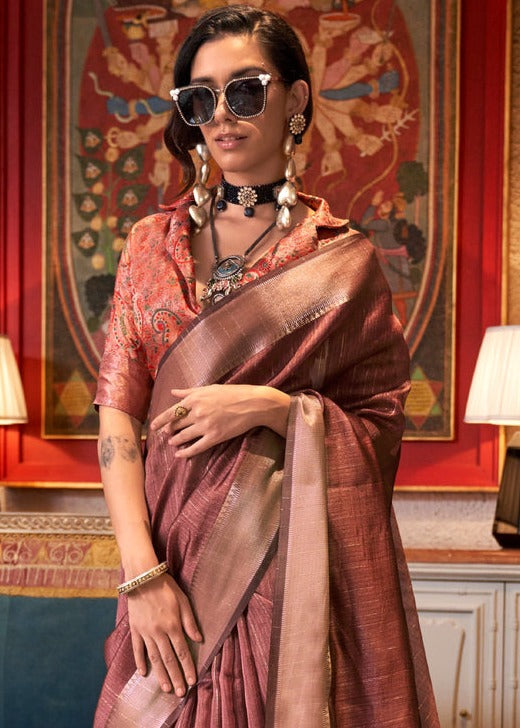 Banarasi Chiffon Brown Handloom Saree With Printed Blouse