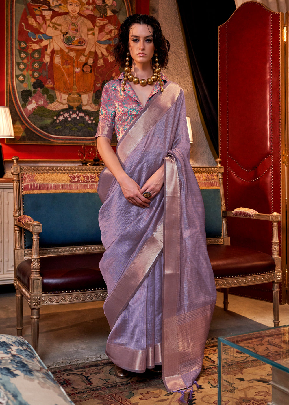 Banarasi Chiffon Purple Handloom Saree With Printed Blouse
