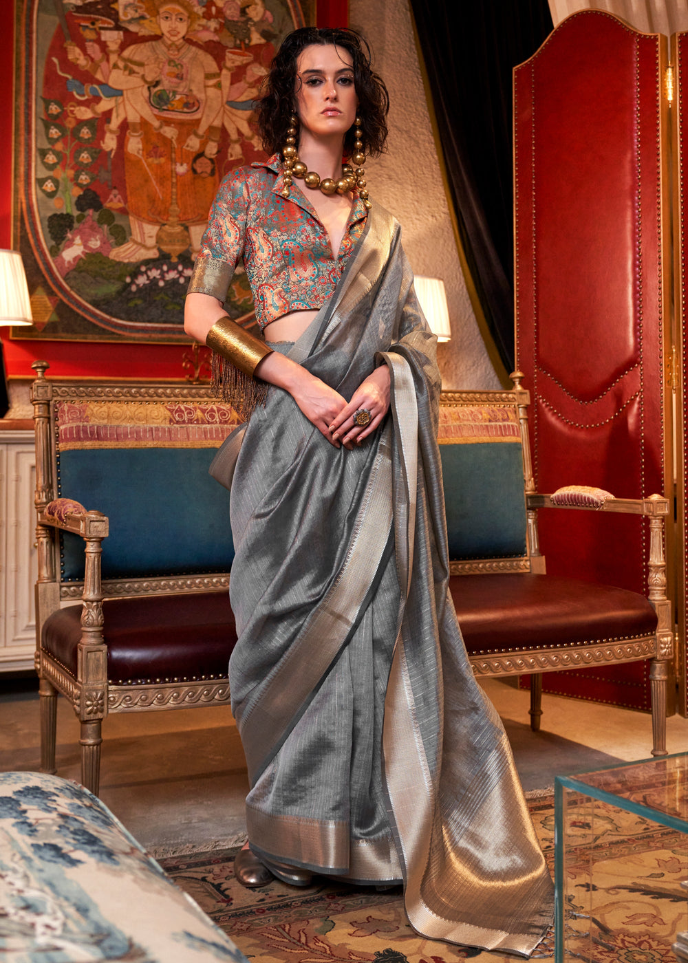 Banarasi Chiffon Grey Handloom Saree With Printed Blouse