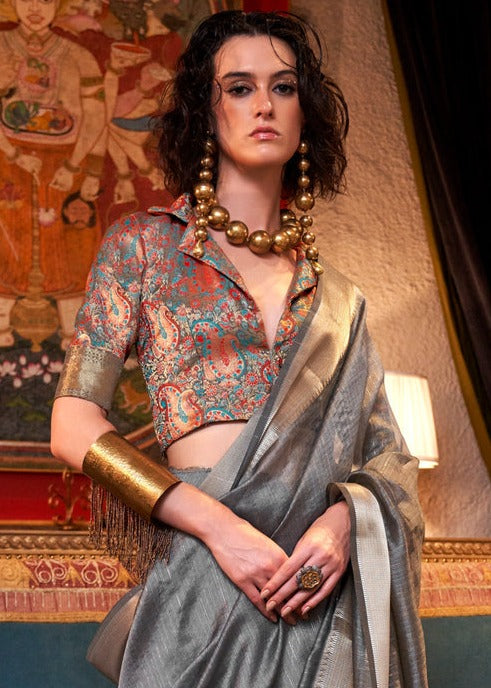 Banarasi Chiffon Grey Handloom Saree With Printed Blouse