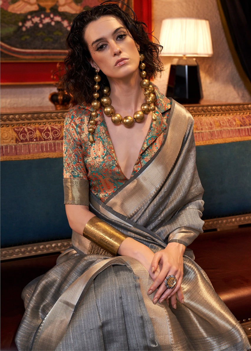 Banarasi Chiffon Grey Handloom Saree With Printed Blouse