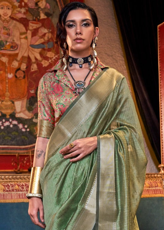 Banarasi Chiffon Olive Green Handloom Saree With Printed Blouse