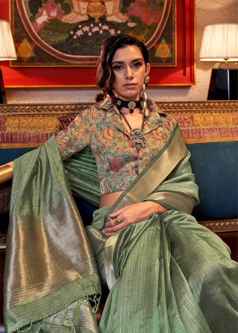 Banarasi Chiffon Olive Green Handloom Saree With Printed Blouse