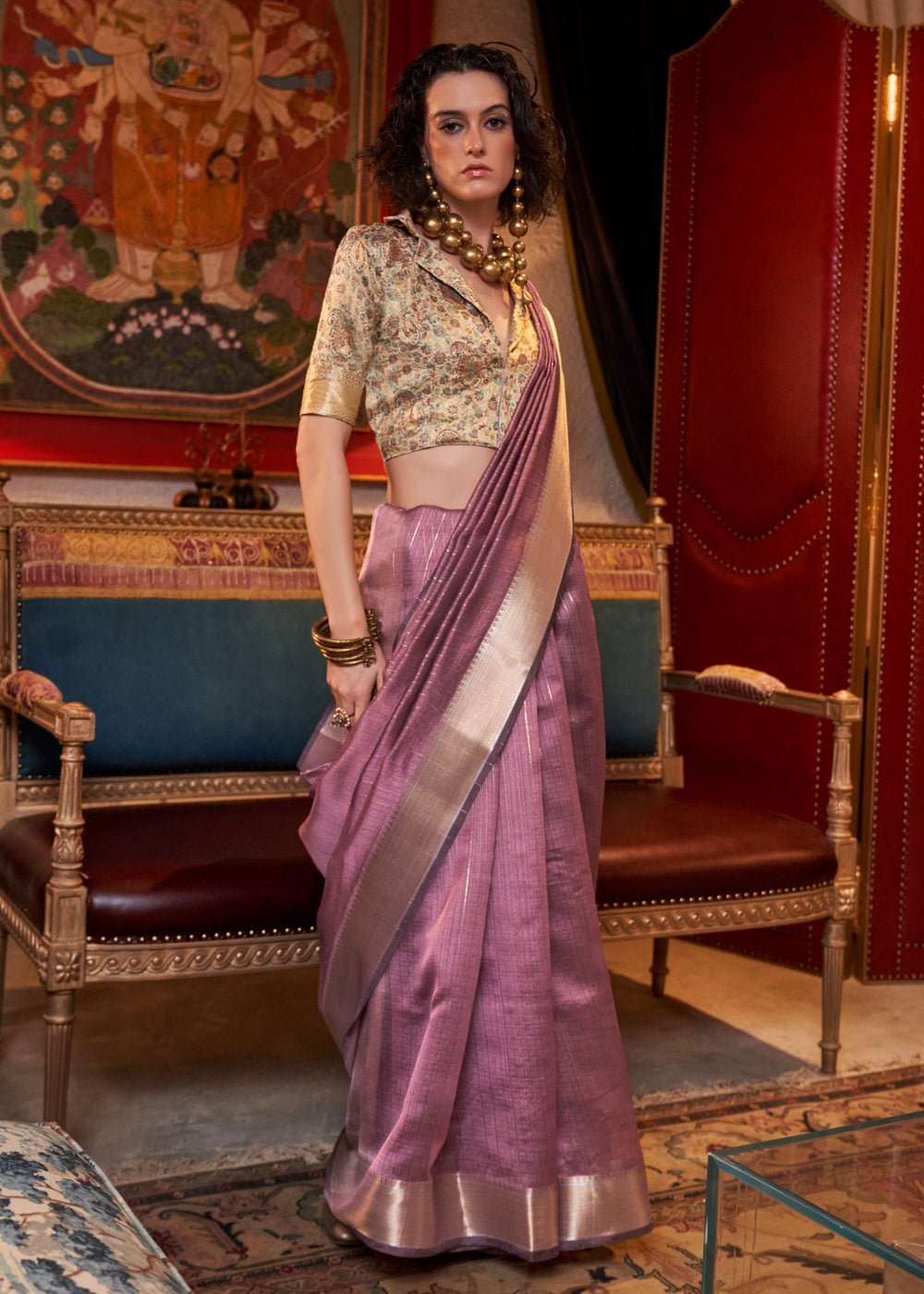 Banarasi Chiffon Muave Purple Handloom Saree With Printed Blouse