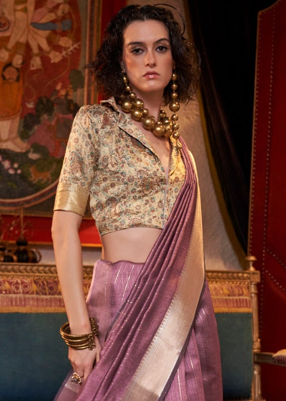 Banarasi Chiffon Muave Purple Handloom Saree With Printed Blouse