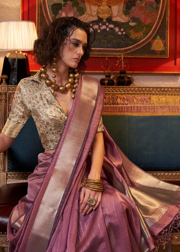 Banarasi Chiffon Muave Purple Handloom Saree With Printed Blouse