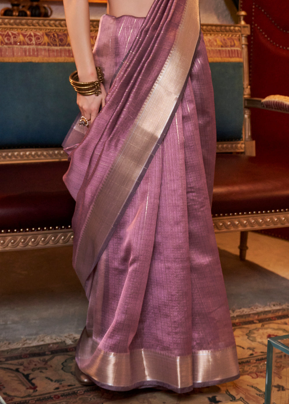 Banarasi Chiffon Muave Purple Handloom Saree With Printed Blouse
