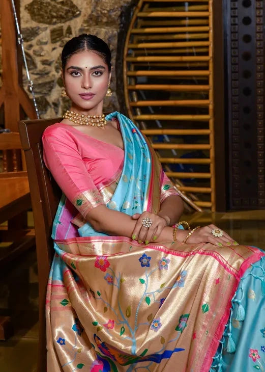 Sky Blue Paithani Silk Handloom Saree with Pink Blouse
