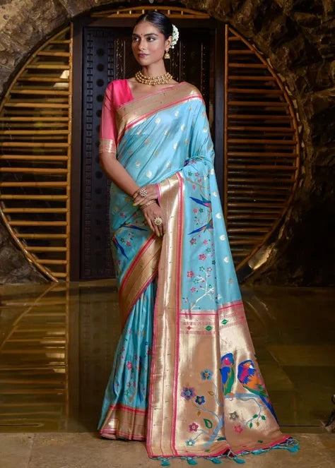 Sky Blue Paithani Silk Handloom Saree with Pink Blouse