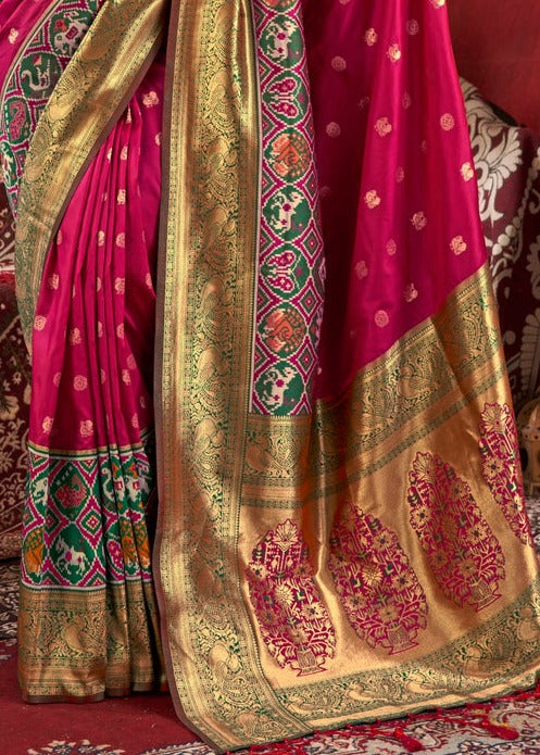 Pure Paithani Patola Fusion Banarasi Silk Pinkish Red Handloom Saree