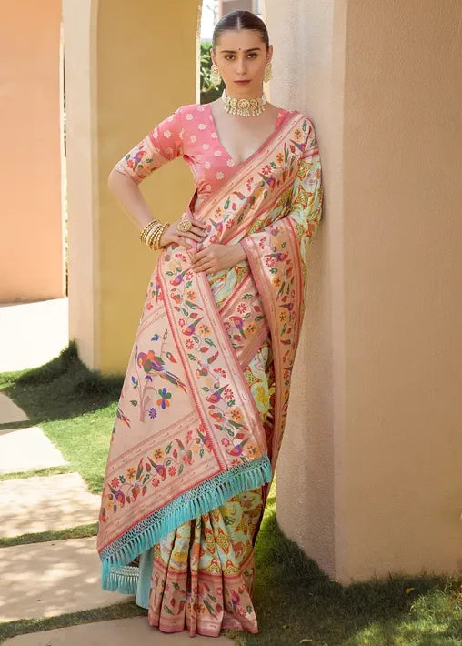 Banarasi Silk Patola Paithani Fusion Handloom Sea Green Saree