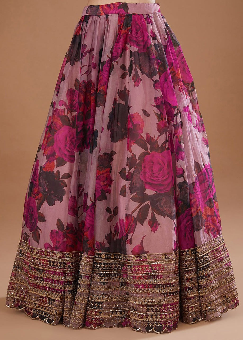 Pink Floral Sequins Work Organza Bridesmaids Lehenga Choli