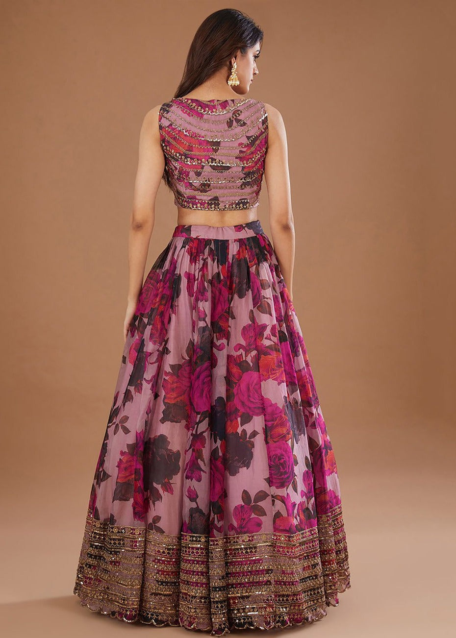 Pink Floral Sequins Work Organza Bridesmaids Lehenga Choli