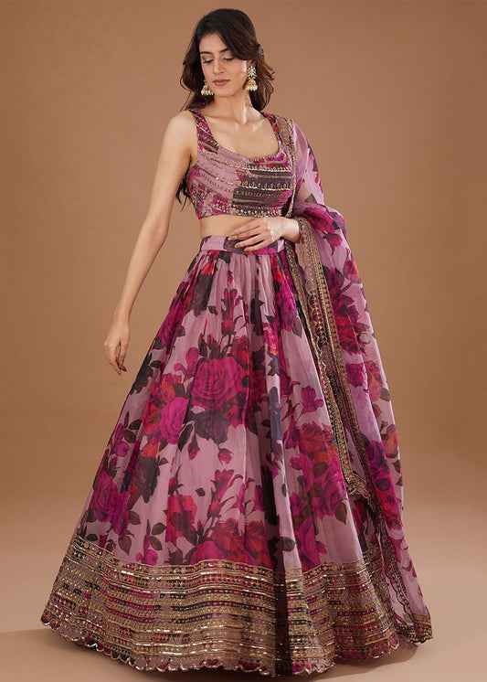 Pink Floral Sequins Work Organza Bridesmaids Lehenga Choli