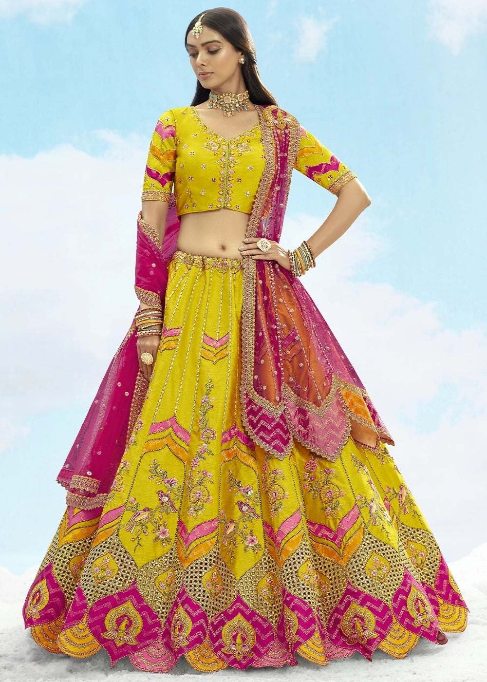 Yellow and Pink Banarasi Silk Lehenga Choli