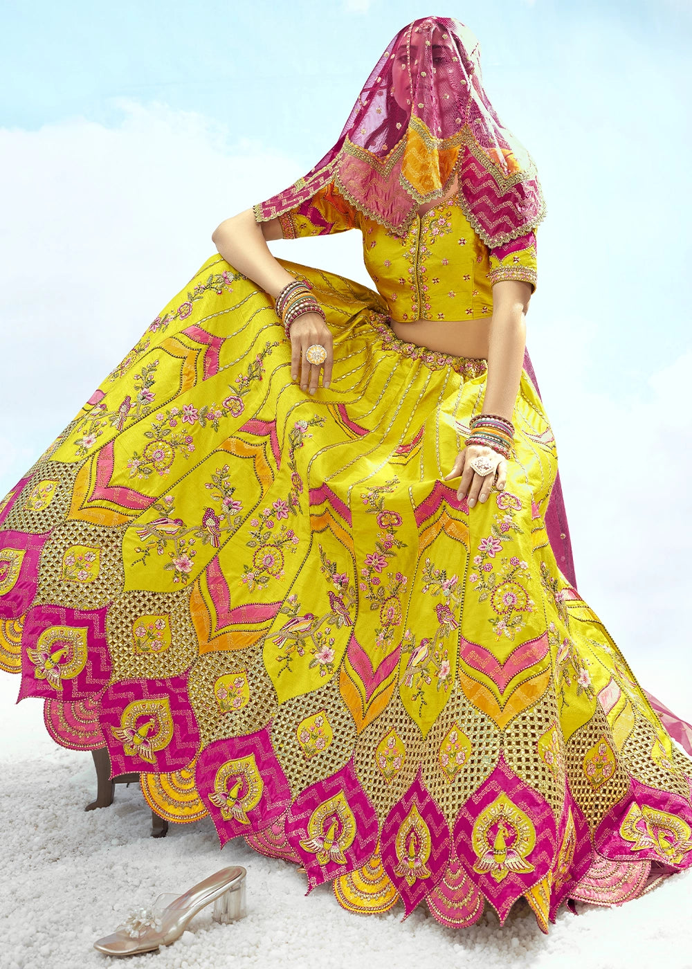 Yellow and Pink Banarasi Silk Lehenga Choli