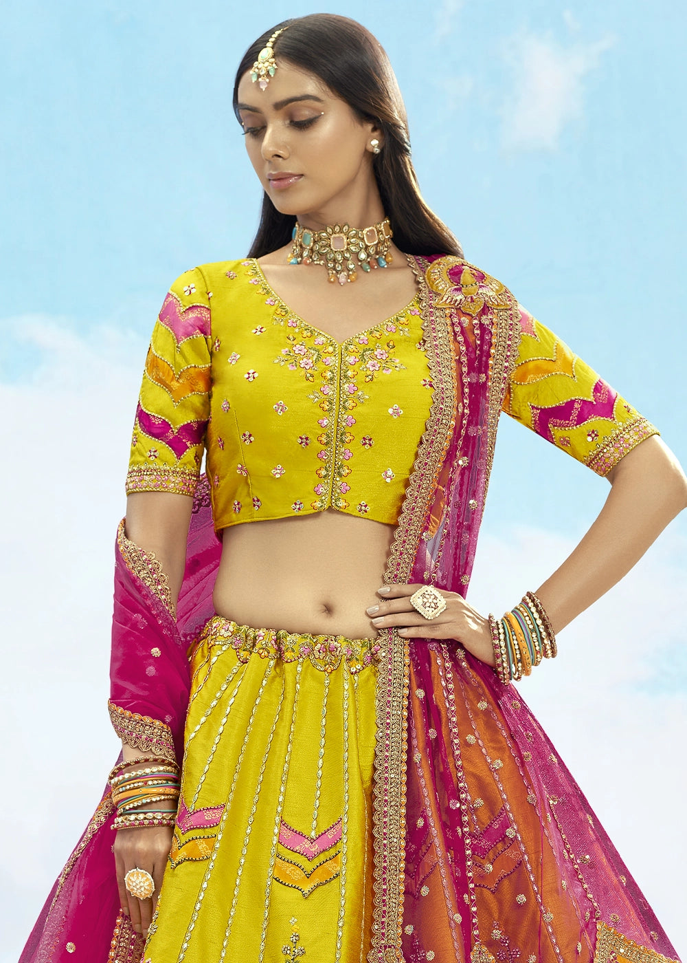 Yellow and Pink Banarasi Silk Lehenga Choli