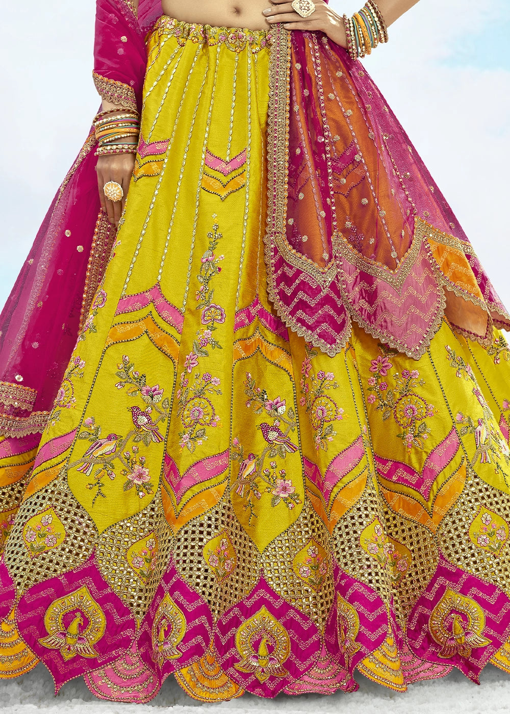 Yellow and Pink Banarasi Silk Lehenga Choli