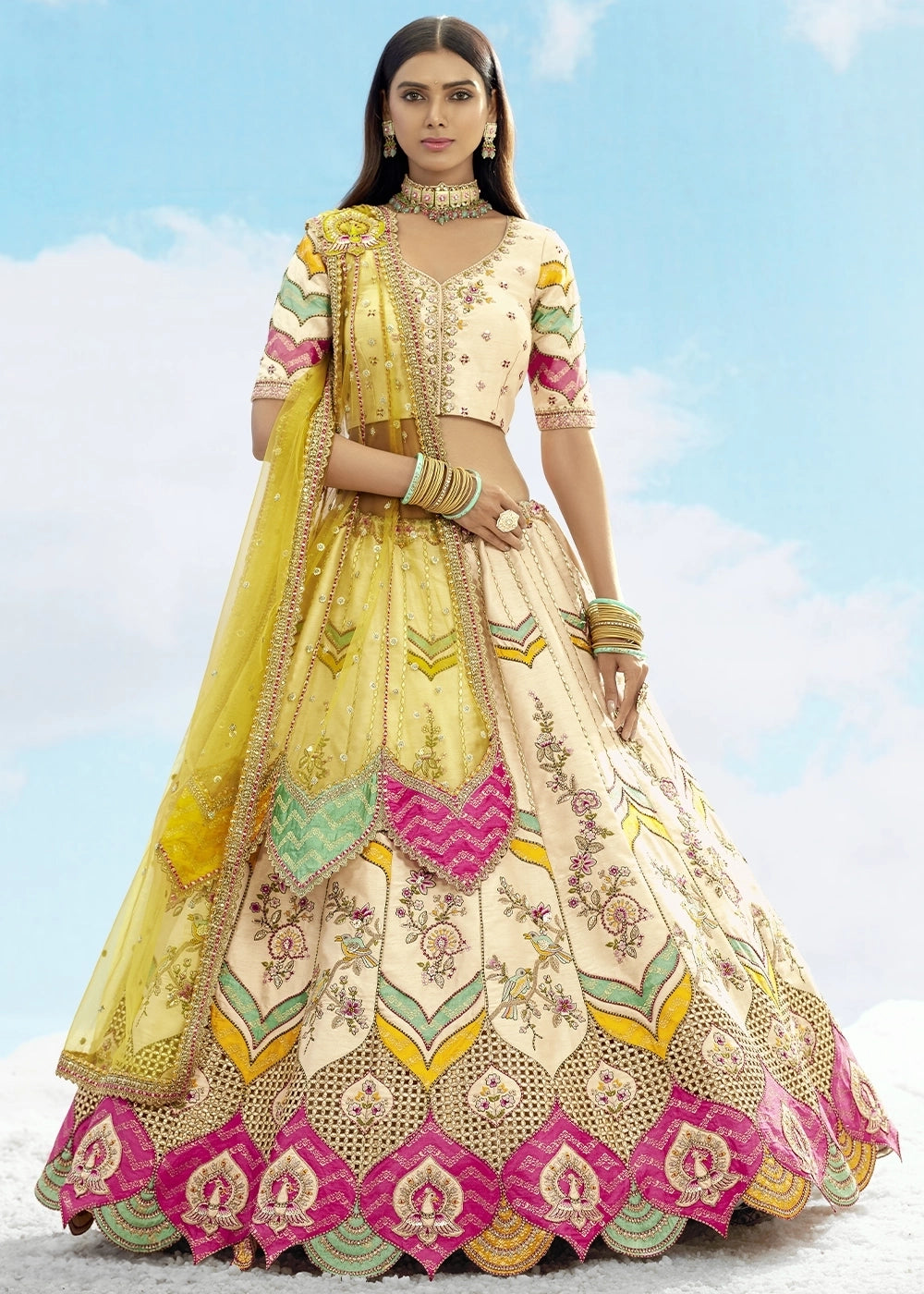 Cream and Yellow Banarasi Silk Lehenga Choli