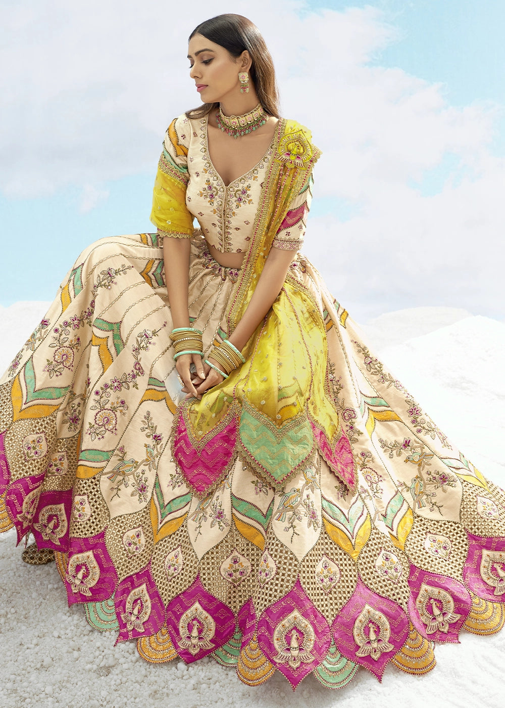 Cream and Yellow Banarasi Silk Lehenga Choli