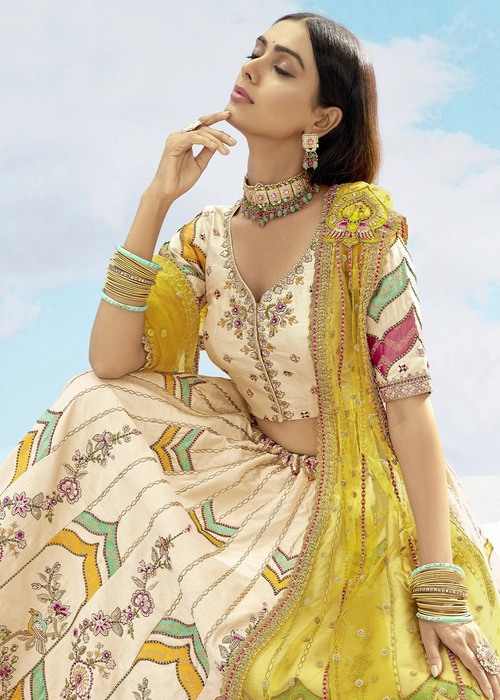 Cream and Yellow Banarasi Silk Lehenga Choli