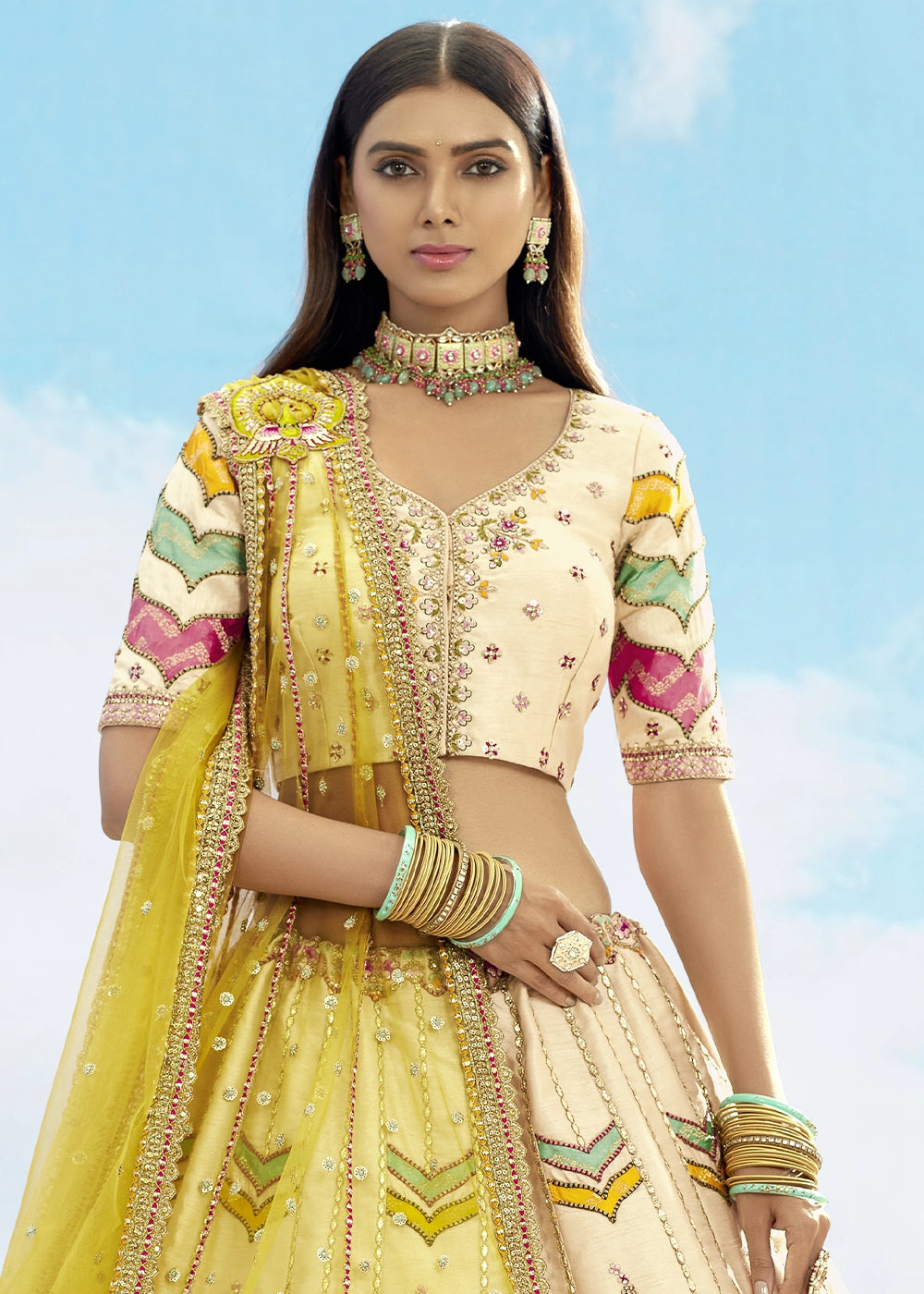 Cream and Yellow Banarasi Silk Lehenga Choli