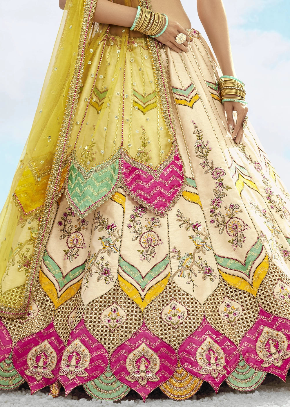 Cream and Yellow Banarasi Silk Lehenga Choli