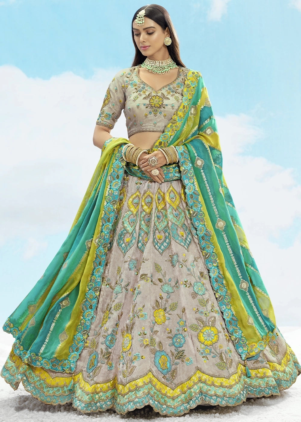 Grey and Green Banarasi Silk Lehenga Choli