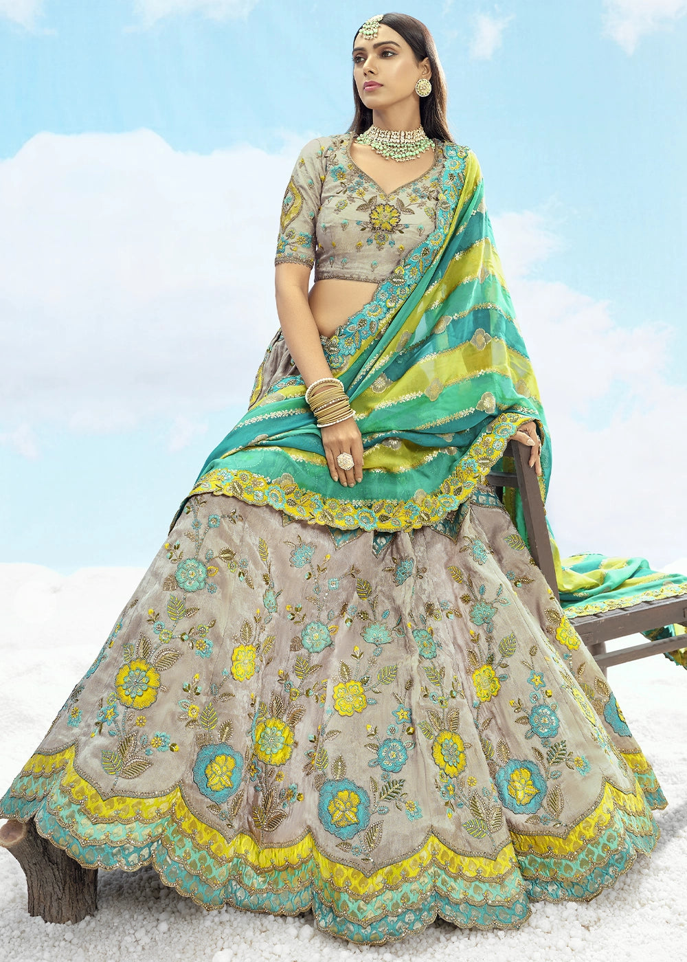 Grey and Green Banarasi Silk Lehenga Choli