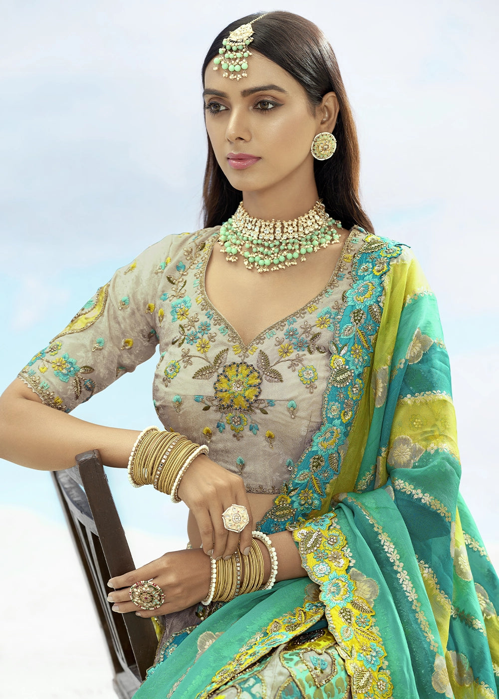 Grey and Green Banarasi Silk Lehenga Choli