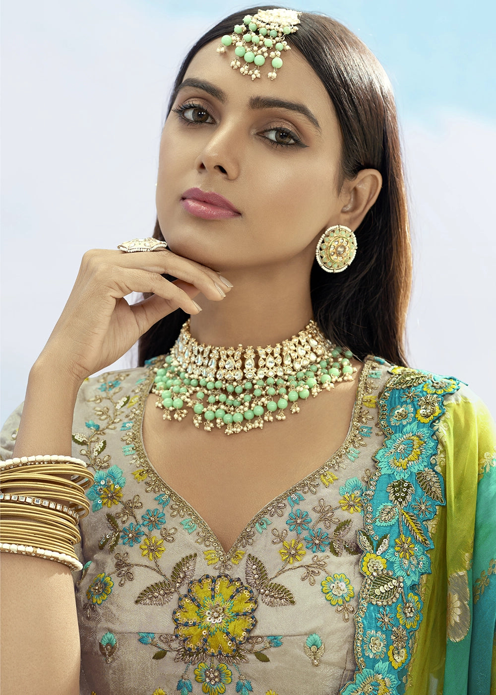 Grey and Green Banarasi Silk Lehenga Choli