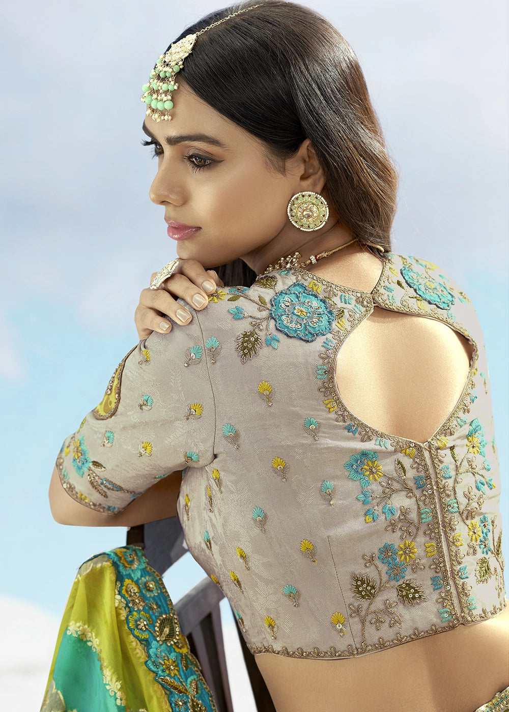 Grey and Green Banarasi Silk Lehenga Choli