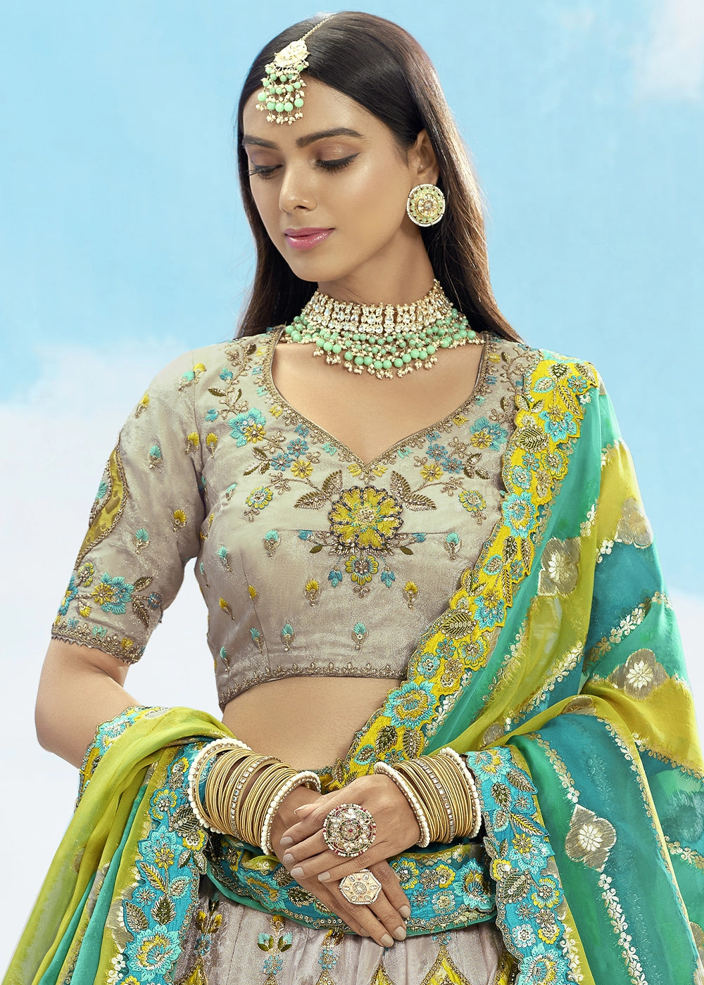 Grey and Green Banarasi Silk Lehenga Choli