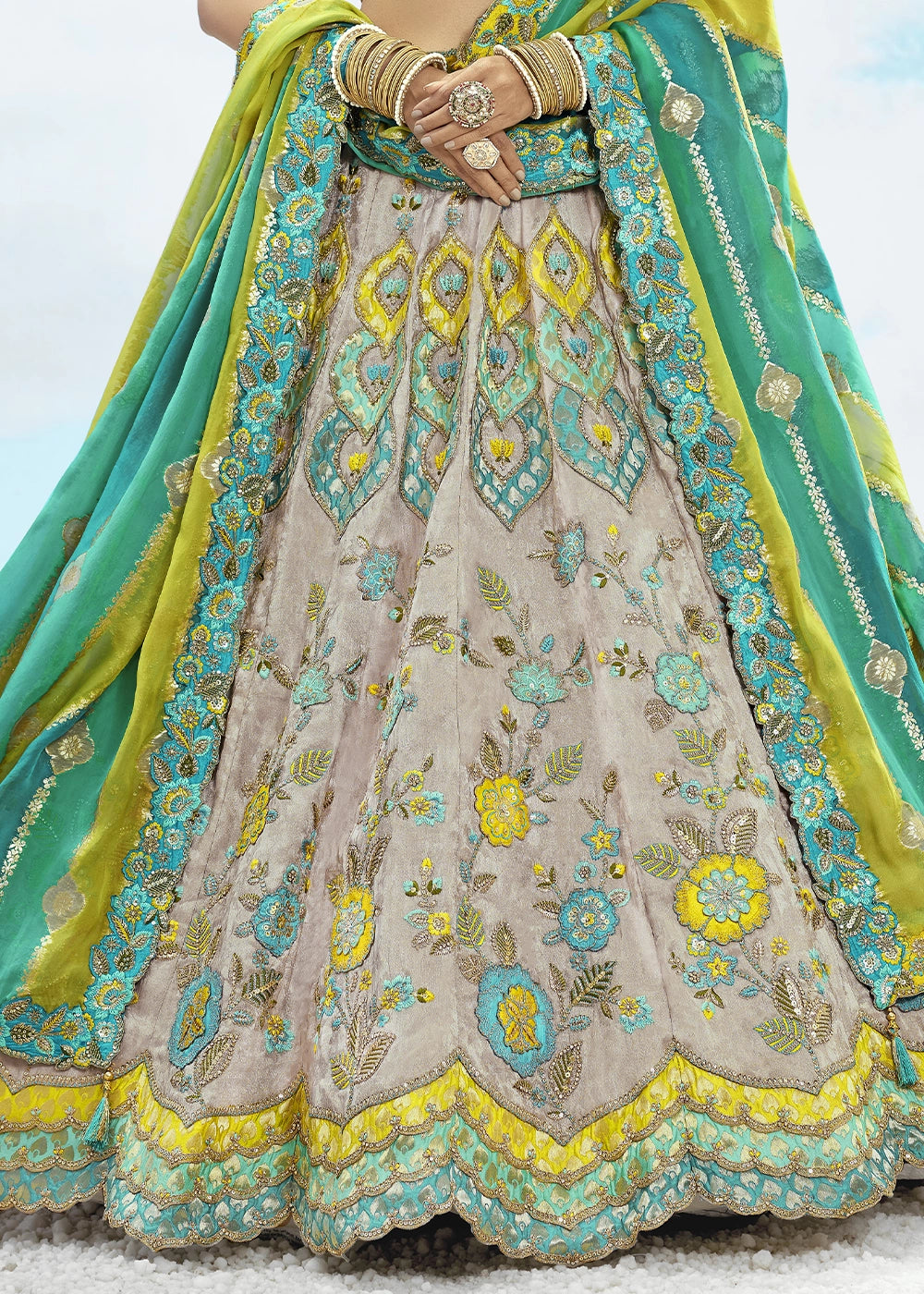 Grey and Green Banarasi Silk Lehenga Choli
