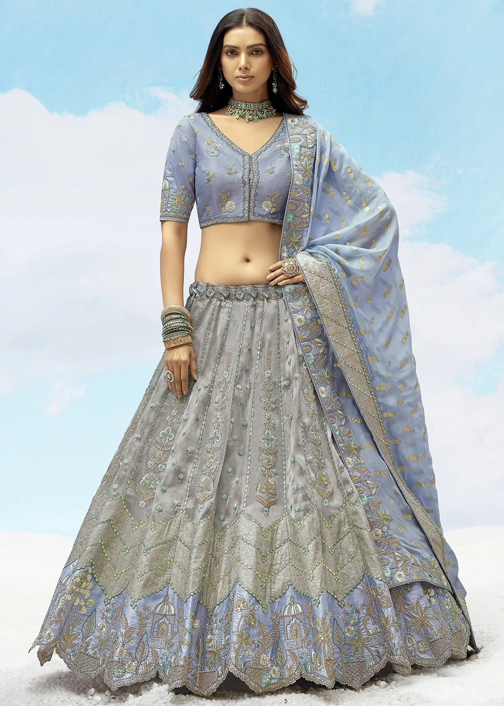 Grey Banarasi Silk Lehenga Choli